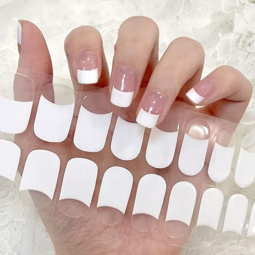Semi Cured Gel Nail Strips, 22 Stickers French Gel Nail Wraps, White Tips French Nail Wraps Gel Nail Strips Easy Apply & Remove for Salon-Quality Manicure UV/LED Lamp Required