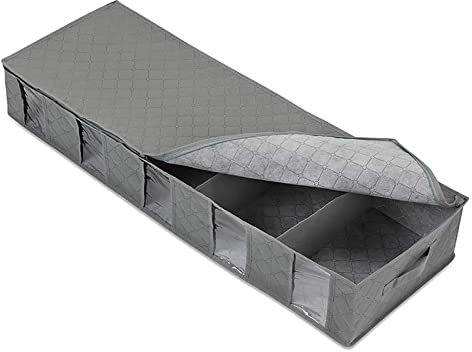 Extra Large Clothing Sorting Folding Flat Storage Box with Compartment - Shallow Under Bed Storage (Grey, One Size)