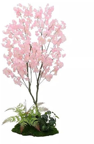 Elitix Künstlicher Baum Kunstpflanzen und Blumen Als Frühlingsdekoration im Freien, Nahezu Natürlicher Kunstbaum mit Kirschblüten und Grünem Moos, Kunstpflanzentopf(H 140cm(4.5ft))