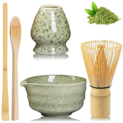 Lot de 5 pièces à thé matcha, mélangeur à matcha, fouet à matcha, bol à matcha en céramique, bol à matcha avec bec verseur, support mélangeur à matcha et cuillère en bambou, accessoires pour matcha