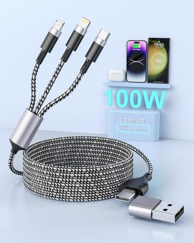 100W USB C Multi Fast Charging Cable 6FT, 5 in 1 Multiple USB Cable Nylon Braided with Micro USB Type C Lightning Connector for iPhone, Multi Charger Cable Compatible iPhone 16 15 14 13, Samsung, iPad