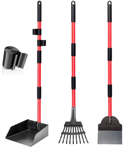 Dog Pooper Scooper Tray Shovel & Rake Kit, Heavy Duty Dog Poop Scooper with Adjustable Metal Long Handle, Portable Large Dog Poop Picker Upper with 10 Waste Bag for Yard, Walks, Grass & Garden Leaves