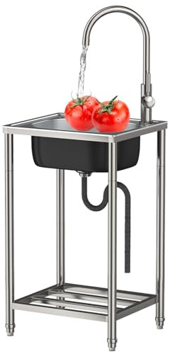 Freistehende Outdoor Edelstahl Spülbecken Ausgussbecken Mobiles Spültisch mit Wasserhahn Camping Waschbecken 1 Becken Gewerbliche Spültisch,für Gartengarage -Reinigung