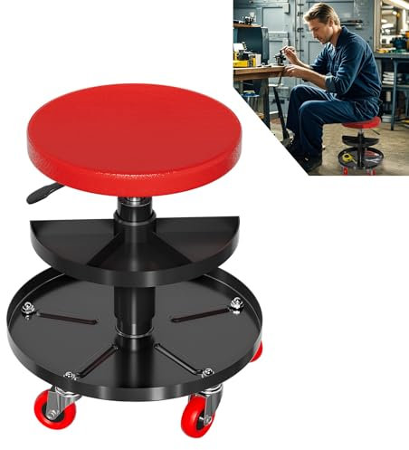 UISEBRT Werkstatthocker Mobiler Werkstattsitz mit Ablage und Rollen Garagenhocker Arbeitshocker Tragkraft 150 kg für Werkstatt Fahrzeugpflege Maschinenwartung und Heimwerken (Rund)