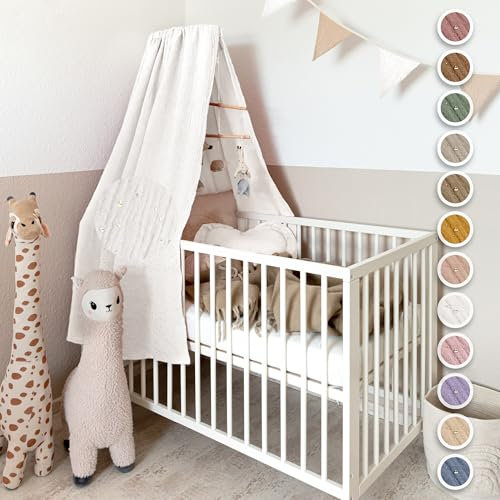 lilimaus Betthimmel Babybett mit Gold Applikation in 12 Farben [inkl. Himmelstange] - Himmel Babybett aus 100% Baumwolle Musselin für Mädchen & Jungen - Himmelbett mit Stange - Kinder Babyzimmer Deko
