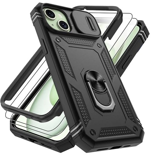Pilaru 3 in 1 for iPhone 15 Plus Case |With Front Frame| 2 Screen Protector[Separate] & Kickstand Ring & Camera Cover Military Grade Drop Shockproof Protection for iPhone 15 Plus Phone,Black