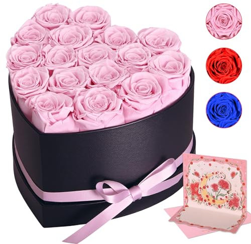 Livofloral Rosenbox, 17 Konservierte Rose Ewige Rose, Infinity Rosen Geschenke für Mutter Geburtstagsgeschenke Valentinstag Weihnachten Hochzeitstag, Herz Box für Freundin Frauen Oma, Pink