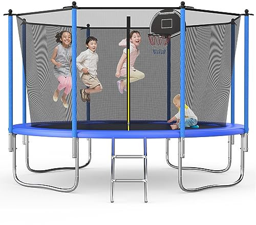 Redkid, Trampolin Outdoor Ø 305/366 cm, Kindertrampolin Gartentrampoline mit Sicherheitsnetz, Leiter, Basketballkorbbrett,Belastbarkeit 440 Pfund,Blau (12FT-1(366cm))
