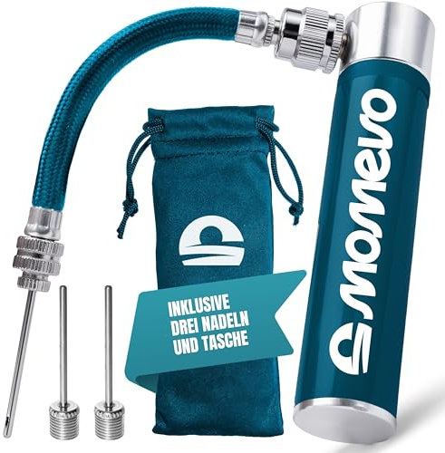 Momevo PocketAir - Mini Ballpumpe mit flexiblem Schlauch für alle Bälle - klein, plastikfrei aus Aluminium - Ballpumpe für Fußball, Basketball, Volleyball (Petrolblau)