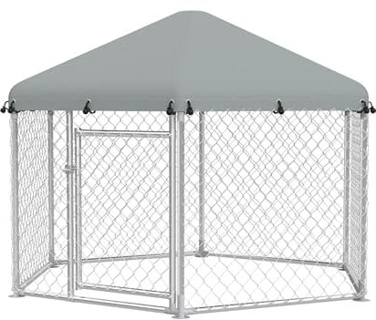 FIVMEN Outdoor Hundezwinger 210x185x150 cm Groß Hundekäfig Hundehütte Hundehaus Verzinkter Stahl mit Sonnenschutz Dach und Abschließbarer Tür Hundezaun Hundeauslauf Draußen