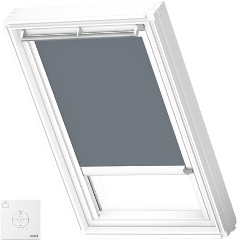 VELUX Solar Verdunkelungsrollo, weiße Schienen, M08, Blaugrau | Solarbetrieb, Fernbedienung, stufenlose Anpassung