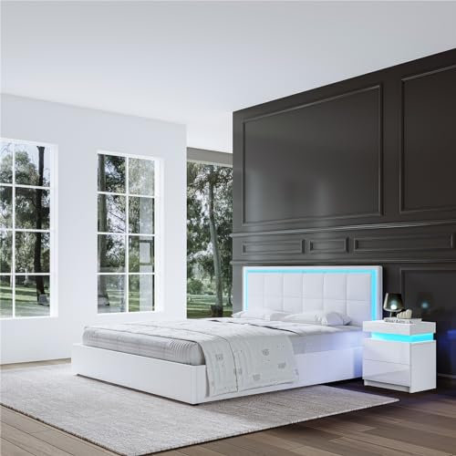 Small Double Size Bed Frame with Storage, Gas Lift Ottoman Bed, 4FT Bed with LED Lights, Wooden Headboard, Faux Leather (White, Small Double 4FT – No Mattress)