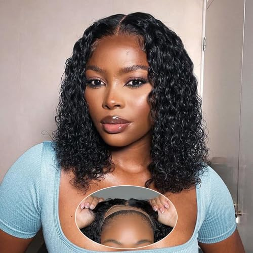 Perruque Femme Naturelle Brésilien 180% Densité Glueless Bob Wig Human Hair 5x5 Lace Bob Deep Wave Perruque Cheveux Humain pas de Colle Pre Cut Lace Glueless Wigs Bouclée Couleur Naturelle 14 Pouces