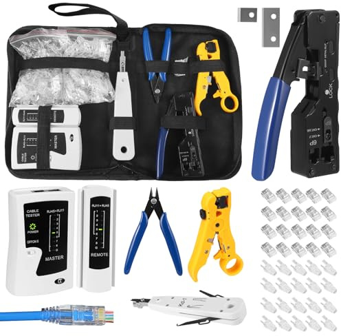 Netzwerk Werkzeug Set mit 50 x RJ45 Stecker Cat7/Cat6a Pass Through und Stofftasche, Abisolierzange RJ45-Crimpwerkzeug mit Netzwerktester LSA Auflegewerkzeug RJ45/RJ11/RJ12 Reparaturwerkzeuge