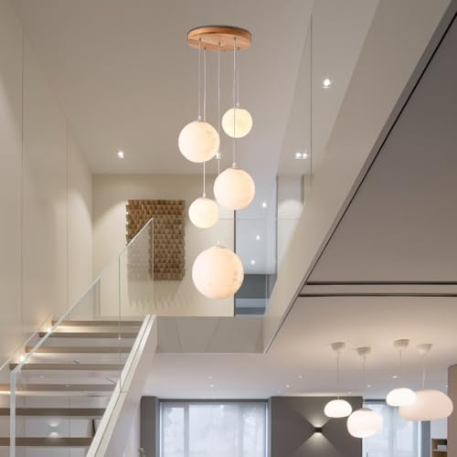 DOCJX Moderne E27 Pendelleuchte Hängeleuchte Mond Treppe - Länge Verstellbar (bis 2m) Für Hohe Decken - Holzoptik Deckenlampe Mit PE-Schirm - Für Treppenhaus, Wohnzimmer, Diele, Esszimmer - E27 Fass