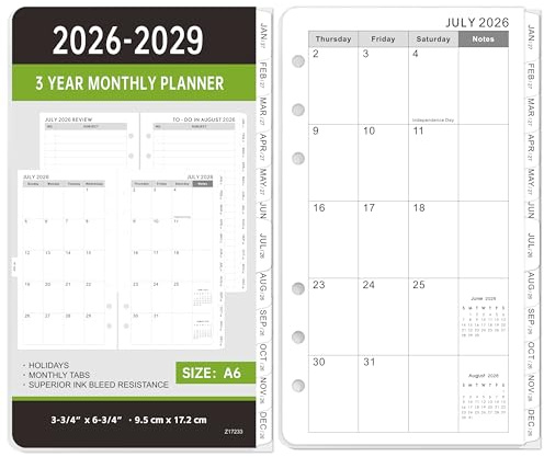 2026-2029 Monthly Planner Refill - A6 Planner Inserts with 6-Hole Punched | July 2026 - June 2029, Two Pages Per Month, 2026-2029 Monthly Calendar with Tabs