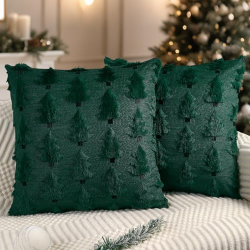 Miaikoe Weihnachtskissenbezüge 50x50 cm Set von 2 weiche Plüsch-Impost-Fell-Weihnachtsbaum-Wurfkissenbezüge für Winterferien-Xmas-Dekoration Grün