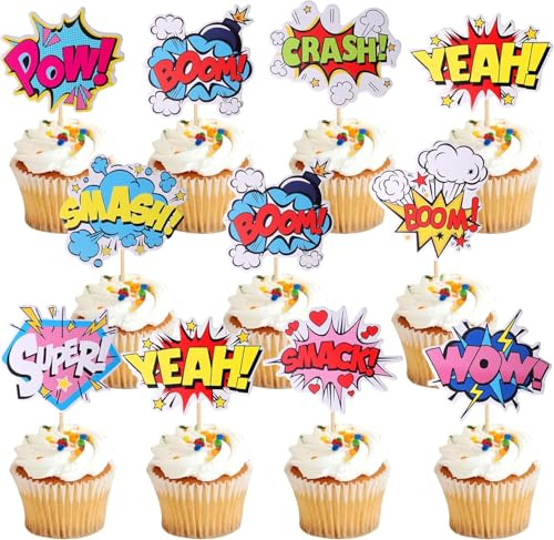 36 Stück Super Helden Boom Tortendeko Smash Crash Pow Cupcake Toppers Super Hero Kuchen Deko für Baby Dusche Jungen Geburtstag Party Kuchen Dekoration