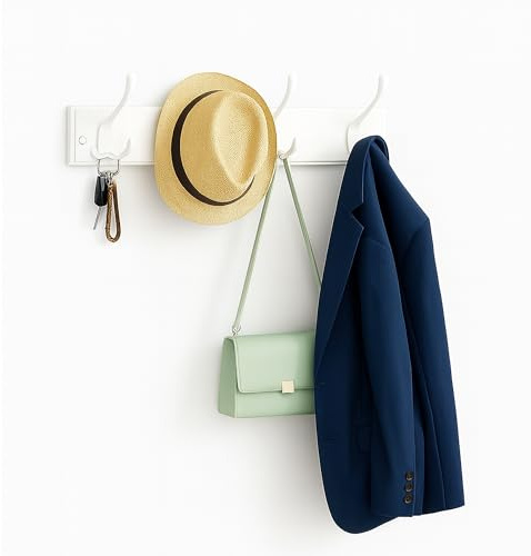Innoteck Wall-Mounted Coat Rack with 4 Dual Metal Hooks – White MDF Base, Durable Zinc Alloy, Easy Installation, Space-Saving Entryway & Hallway Organizer for Coats and Bags, 40x9x7 cm