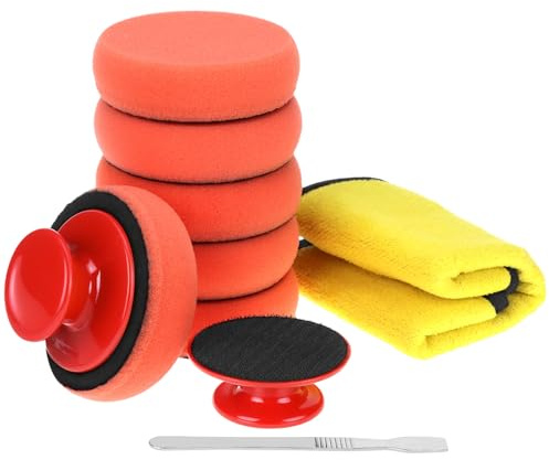 QWORK® Kit Polissage Voiture Manuel 90mm - 6 Éponges de Polissage, 2 Poignée Rrgonomique et 1 Chiffon Microfibre - pour Cire/scellant/Poli Miroir