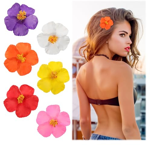 Blumen Haarklammer 6 Stück, Hawaiianische Haarclips für Damen, 10 cm Plumeria Hibiskus Haarclip, Künstliche tropische Blumenclips für Strandparty, Sommerurlaub, Mädchen Feriengeschenke