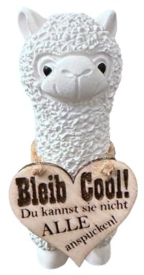 Girahlutions Niedliche kleine Alpaka Lama Figur Keramik mit Holz Herz graviert Deko Geschenkidee Mitbringsel Handarbeit