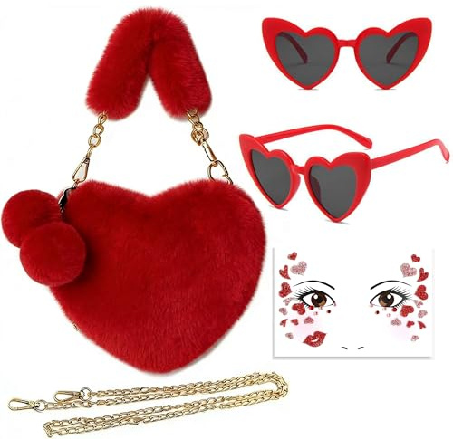 YDUNARISE Plüsch Herztasche Rot Set - Mit Glitzer Gesichtstattoo & Herzbrille - Karneval Amor Kostüm Zubehör für Damen - Romantisches Valentinstaggeschenk (Rot-B)