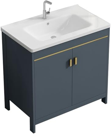 TYMYW Waschtisch Stehend mit Waschbecken und Unterschrank mit Füßen Badezimmerschrank mit Wasserhahn mit Puffer Scharnier,Dunkelgrau,80 cm