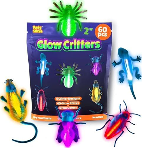 Glow Critters und Halloween Süßes oder Saures leuchtende Skelette und Kürbisse – Leuchtstäbe Partyzubehör – leuchtet im Dunkeln, Partyzubehör, 60 Stück