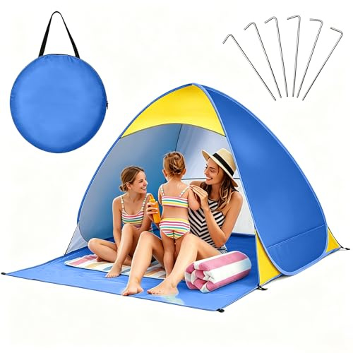YGVQN Pop Up Strandmuschel mit UV Schutz 50+, Extra Leichtes Strandzelt für 2-3 Personen, Windschutz mit kleinem Packmaß, Inklusive Tragetasche & Heringen für Camping & Strand - Blau