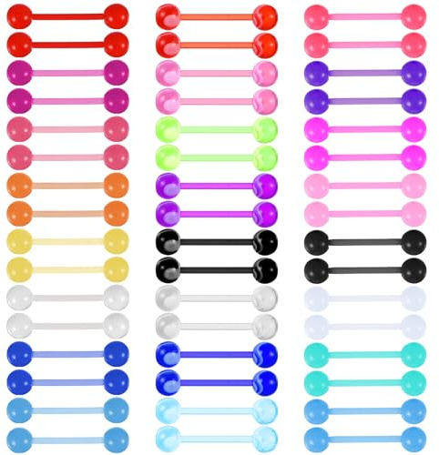 48 Stück Kunststoff Zungenpiercing Set 14G Tongue Piercing Zunge | Nippelpiercing Barbell Nippelpiercing Zungenpiercing Kugeln Acryl Leuchtend Neon im Dunkeln