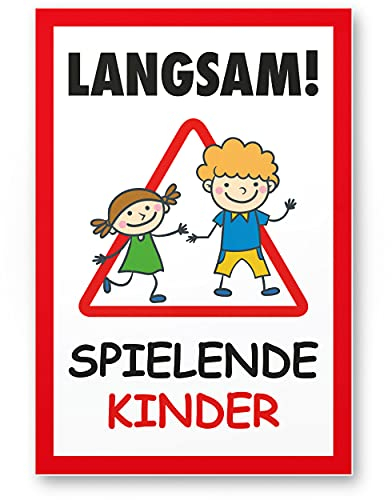 Komma Security Langsam Spielende Kinder 20 x 30 cm Hinweisschild Warnzeichen Warnschild langsam fahren Warnung Hinweis Spielstraße Spielplatz - Vorsicht spielende Kinder