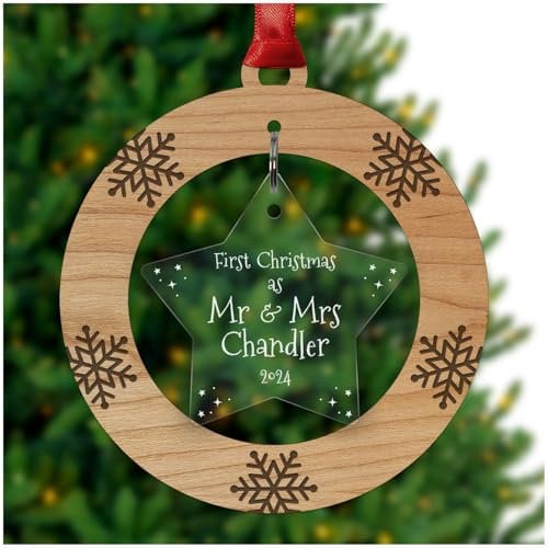 Mr & Mrs First Christmas 1st Xmas Tree Decoration Ornament Bauble - Cherry Veneer and Acrylic Engraved Christmas Tree Ornament - Keepsake Christmas Gifts Presents