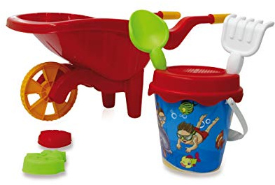 JAMARA 460266 - Sandkastenset mit Schubkarre - leicht zu reinigen, 6-teiliges Sandkasten Starterset, Halterung am Eimer für die Sandwerkzeuge