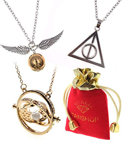 TANSHOP Friendship Halskette Set -3 Stück Cosplay Anhänger Halsketten Heiligtümer des Todes Goldener Schnatz und Roating Time Turner Halskette mit weißen San for Cosplay