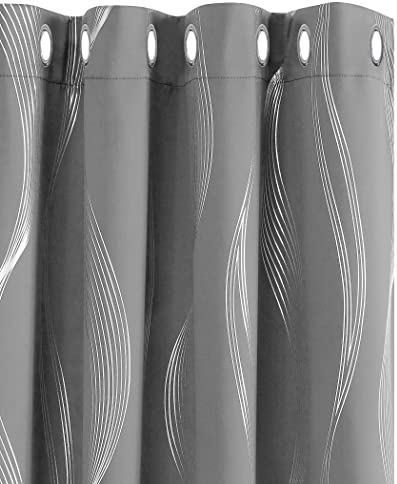 Deconovo Grey Blackout Curtains for Living Room 72 Drop Silver Wave Line Foil Printed Blackout Curtains Thermal Insulated Curtains Eyelet Curtains for Baby Nursery 66 x 72 Inch Light Grey Two Panels
