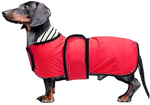 MOREZI Hunderegenmantel mit Reflexstreifen, Regen-/wasserdicht, verstellbare Weste, geeignet für kleine und mittelgroße Hunde wie Dackel-Rot-L