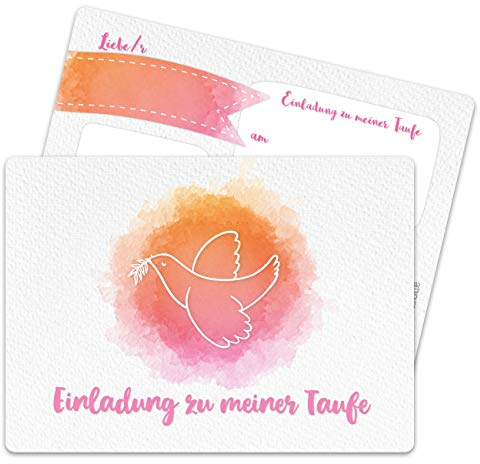 Papierdrachen 12 Einladungskarten zur Taufe - Motiv Taube aquarell rosa - Einladung zur Heiligen Taufe für Mädchen und Jungen - hochwertig gedruckt in DIN A6