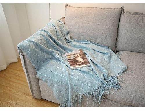 OliveSleep Gestrickte Überwurfdecke mit Fransen, leicht, weich, warm (Hellblau, 125 x 152 cm)