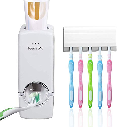 CYAJ 2 PCS Dispensador de Pasta de Dientes Automático, Portacepillos de Dientes, Práctico Set de Baño Familiar con Soporte de Cepillos, Dientes en la Pared para Baño - Blanco