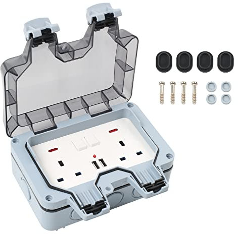 TIHOOK Outdoor Socket Wall Switched, UK Plug IP66 Waterproof, Double Outdoor Socket, Socket With 2 USB Charging Port, Outdoor Sockets Waterproof for Gardens, Courtyards, Garages