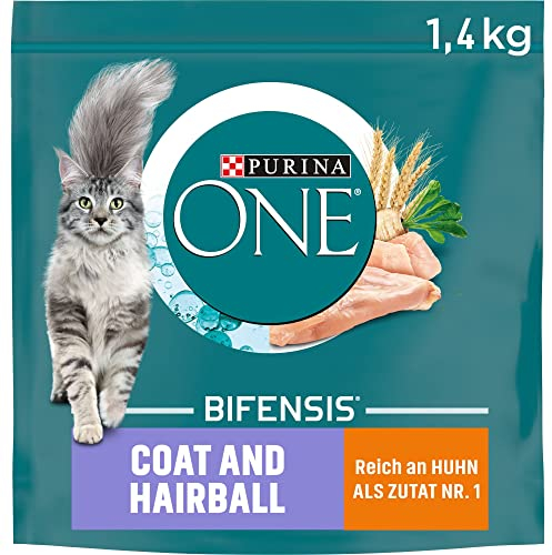 PURINA ONE BIFENSIS Coat & Hairball Katzenfutter trocken, reich an Huhn, 6er Pack (6 x 1,4kg)