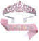 ZMREN Tiara Kristallkrone mit Birthday Queen Geburtstags Schärpe, Prinzessin Birthday Crown Prinzessin Kronen Haar-Zusätze für Abschlussball Partyzubehör Halloween - Rosa