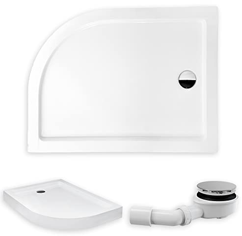 KOLMAN Duschwanne 100x80 cm Links Viertelkreis, integrierte Schürze, Weiß, Acryl, Glatt, Ablaufgarnitur Ø 90 mm und Füße, Design-Duschtasse Kompakt Halbrund Saturn