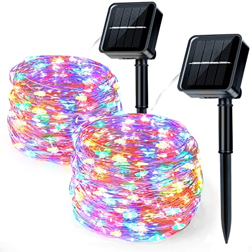 Aisutha Solar Lichterkette Aussen, 2x12M 120 LED Lichterkette Außen, 8 Modi Kupferdraht Solarlichterkette IP65 Wesserfest für Party, Garten, Balkon, Terrasse, Tor, Hof, Festival Deko (Bunt)
