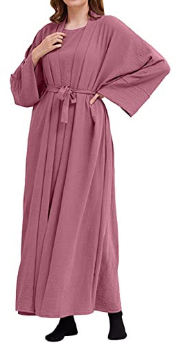 Femme Kaftan Abayas Robe musulmane à manches longues Robe islamique Robe maxi Pouf Noir, Rose, XXL