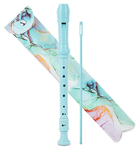 Jasenna Recorder Instrument for Beginner Adults,8-Hole Soprano Descant Recorder Music Flute with with Cleaning Rod & Leather Case For Home Entertainment(2-Blue Green Splash-ink）