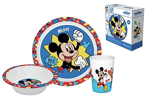 Mickey Microwave Safe 3pcs Cartoon Character Dinner Tableware Set Plate, Bowl & Cup, BPA Free re-usable Plastic Set with a Gift Box (Mickey)