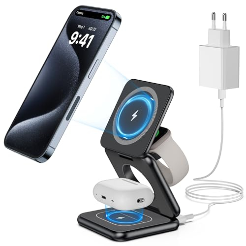 KU XIU X40 Station de Charge sans Fil 3 en 1, Chargeur à Induction pour iPhone série 15/14/13/12, Apple Watch et AirPods 3/2/Pro, Chargeur Magnétique Portable Pliable - Noir