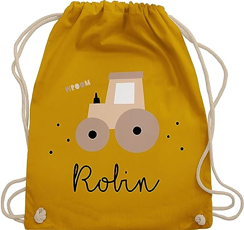 Turnbeutel Rucksack - Süßer Traktor Trecker Schlepper Bulldog - Unisize - Senfgelb - personalisierte geschenke kinder stoffbeutel für kindergarten traktoren stoffrucksack